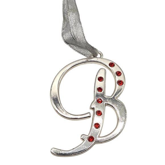 Christmas Ornament SilverTone Letter B Script Red Rhinestone Gift Pendant Charm - Picture 1 of 9